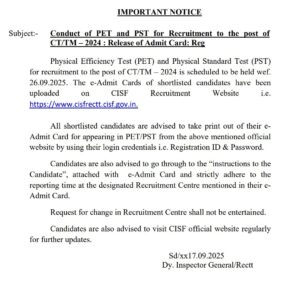CISF Constable Tradesman PET PST Exam Date 2025 Notice