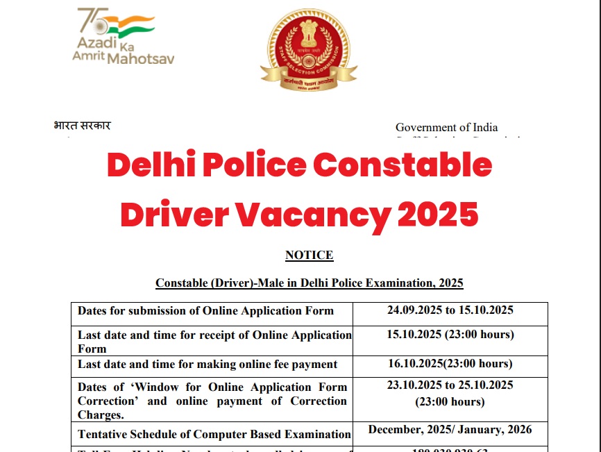 SSC Delhi Police Constable Driver Recruitment 2025