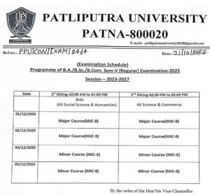 Paliputra University UG Sem 5 Exam Date 2025