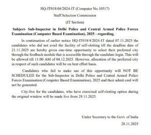 SSC CPO SI City Intimation Slip 2025