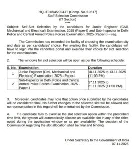 SSC JE Self Slot Selection 2025