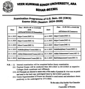 VKSU UG 3rd Semester Exam Date 2025