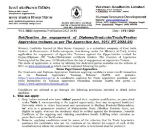 Western Coalfields (WCL) Apprentices Recruitment 2025