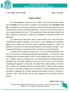 CTET Feb 2026 Form Re-Open Notice