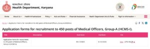 Haryana Medical Officer Group A Recruitment 2025