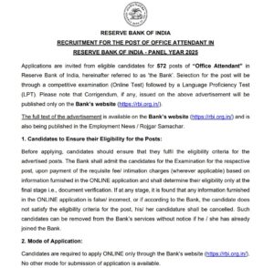RBI Office Attendant Recruitment 2026