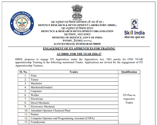 DRDO DRDL ITI Apprentices Recruitment 2026