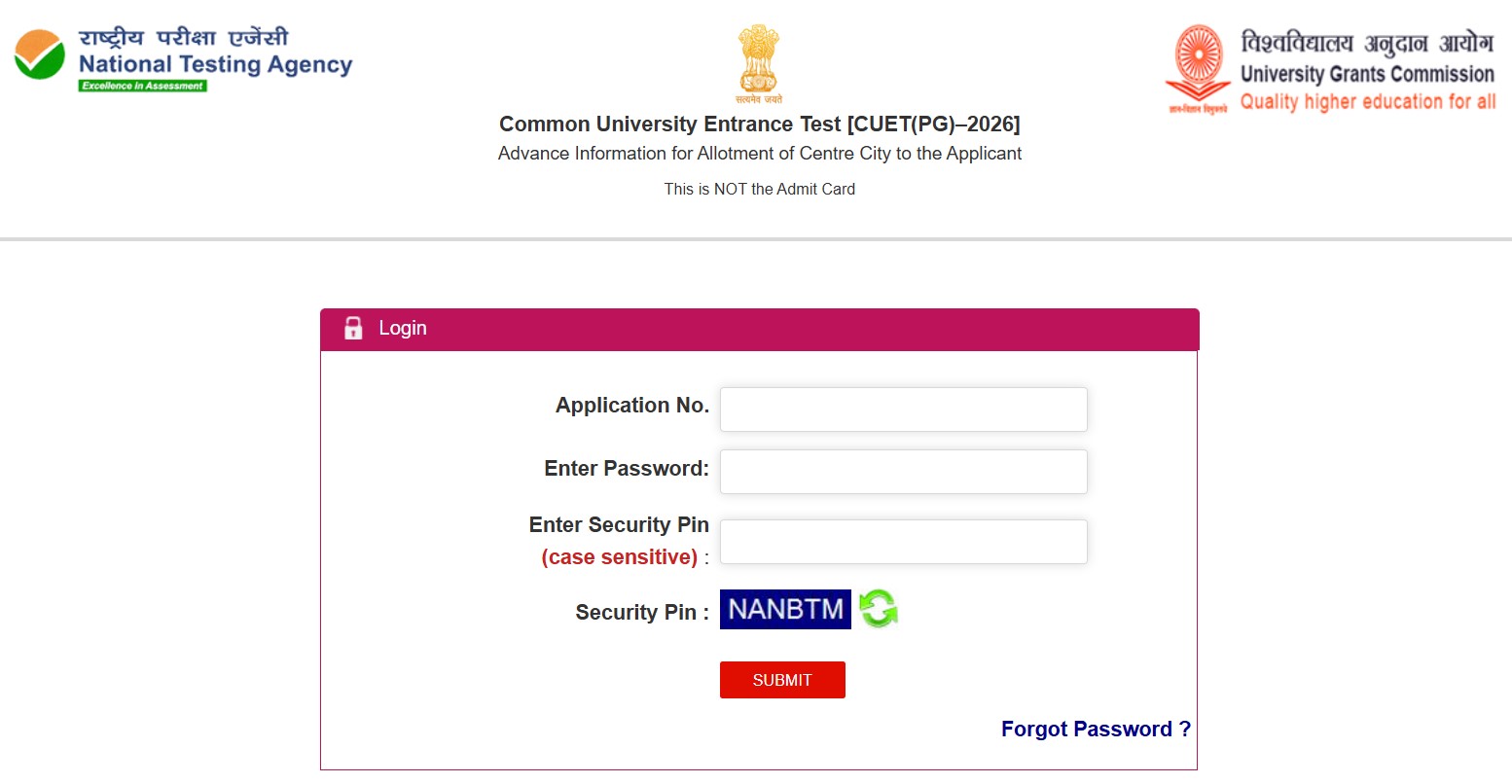 CUET PG 2026 Exam City Slip