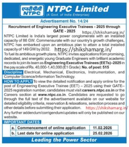 NTPC Engineering Executive Trainees Recruitment 2026