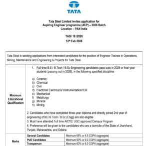 Tata Steel Engineer Trainee Recruitment 2026