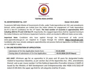 Yantra India Limited Apprentice Recruitment 2026