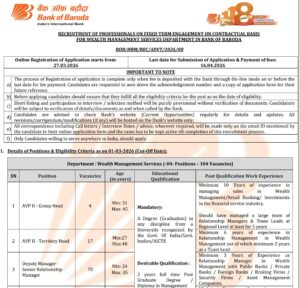 Bank of Baroda Professionals Recruitment 2026
