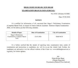 Delhi High Court JJA Exam Date 2026