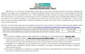 IDBI Bank Specialist Officer Recruitment 2026