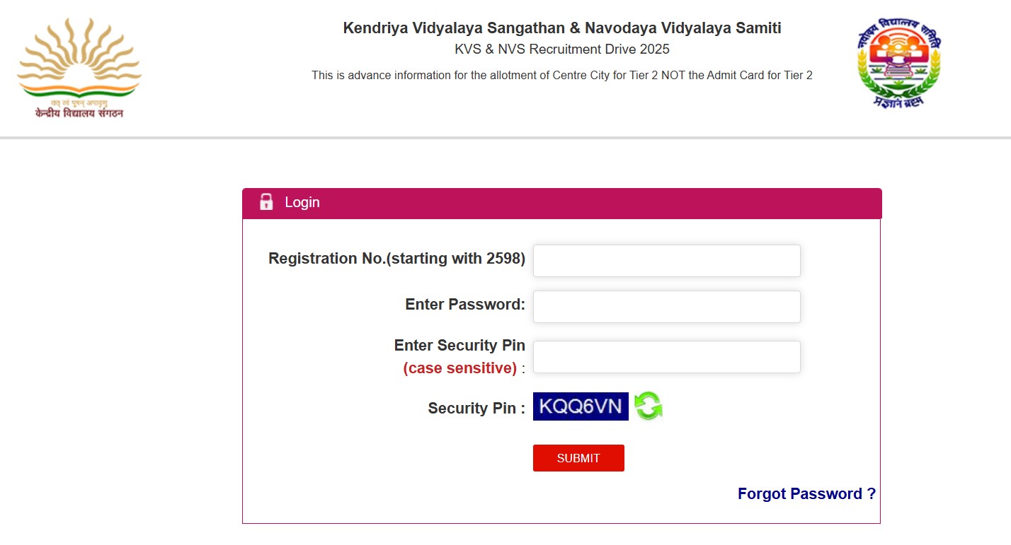 KVS NVS Tier 2 City Intimation Slip 2026