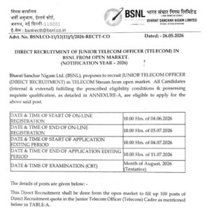 BSNL Junior Telecom Officer Recruitment 2026