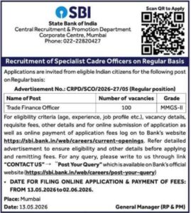 SBI Trade Finance Officer TFO Recruitment 2026