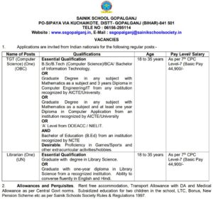 Sainik School Gopalganj Recruitment 2026